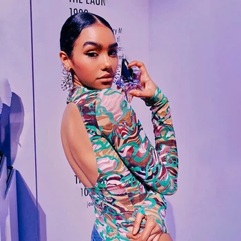 

Sexy Turtleneck Print Backless Bodysuit Women Fitness Long Sleeve Print Bodycon Rompers Slim Jumpsuit Party Stree Clubwear hot