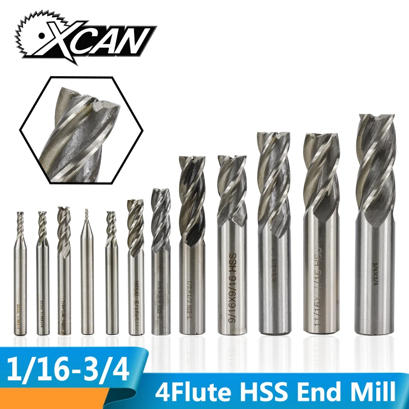 

XCAN 1pc 1/16-3/4 Imperial Standard High Speed Steel End Milling Cutter 4Flute CNC Milling Bit Spiral End Mill