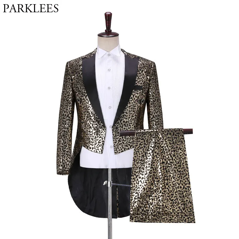 Leopard Mens Swallowtail Suit(Jacket+Pants) Slim Fit Tuxedo Tail Coat Suit Men Party Magic Show Concert Dance Costume Homme XXL