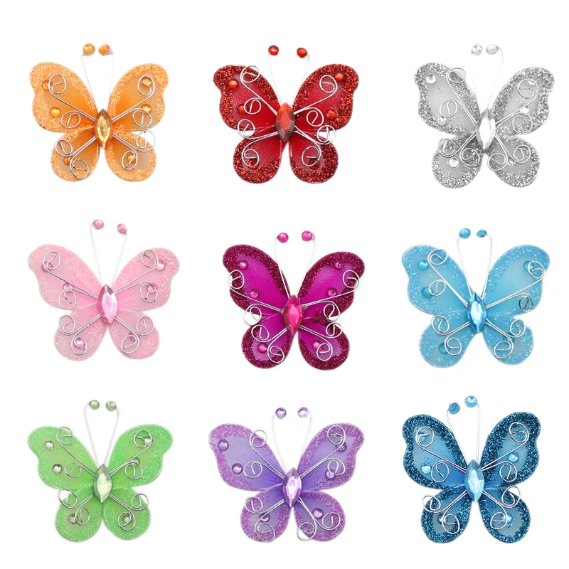 20-100pcs Organza Nylon Mesh Butterflies with Wire Glitter and Rhinestones 