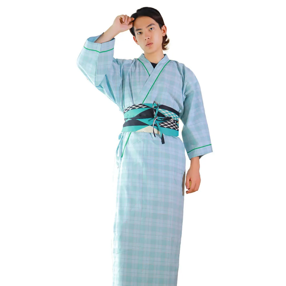 Unisex Japanese Yukata Kimono with Belt Check Patterned Mens Womens