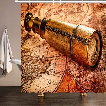 

Nautical Chart Decor Shower Curtain, Telescope on Antique Vintage World Map Old Treasure Map Upgrade Polyester Fabric Bath