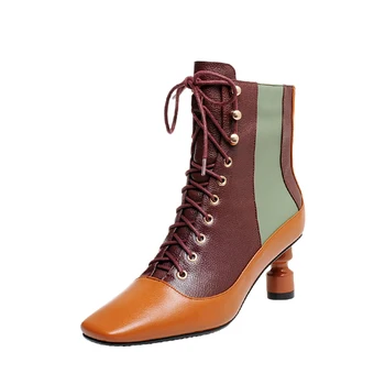

Women High Heels Ankle Boots Mixed colors cow Leather lace up Winter Autumn Short Chelsea Boots Punk Office dress Shoes Woman