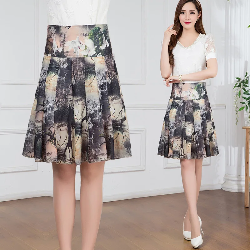

Printed Chiffon Skirt Mid-length Summer Printed Skirt Midi-skirt Pleated A- line Big Hemline Women's