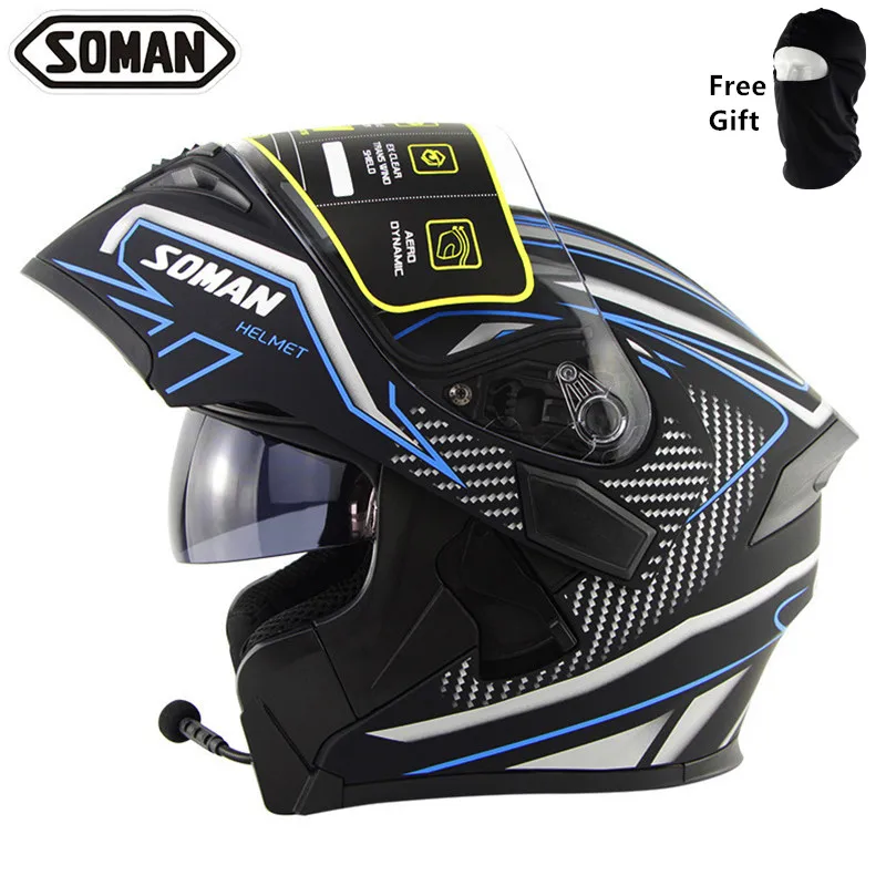 

Men Bluetooth Helmet Cool Motorcycle Helmet Full Face Casco Black Flip Up Visor Dual Lens Casco Moto Motorbike Helmets SOMAN 955