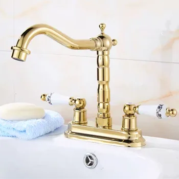 

Polished gold bathroom basin faucets dual handle vintage hot cold mix sink water tap 360 degree rotary