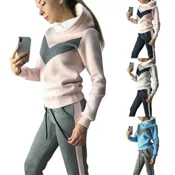 

Fashion Women Autumn Winter Two-Piece Suit Loose Simple Long Sleeve Color Matching Hat Collar Tops + Casual Slim Pants