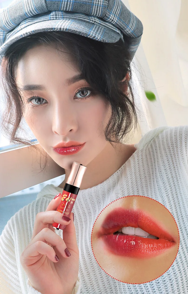 

2in1 Two Colors Matte Lipgloss Sexy Liquid Lip Gloss Tint Waterproof Long Lasting Makeup Keep 24 Hours Make up Lipgloss