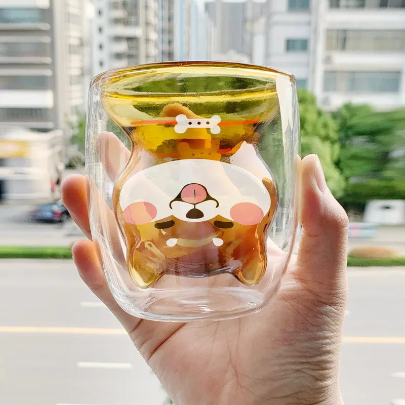 

Cute Shiba Inu Cup Glass Double-Layer Heat-resistant Coffee Tea Juice LuckyCup Sweet Dog Transparent Colored Kids Milk Drinks