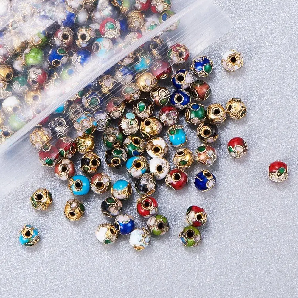200Pcs 6mm Mixed Color Handmade Cloisonne Beads Brass Metal Round Beads for Jewelry Making DIY Bracelet Necklace Findings