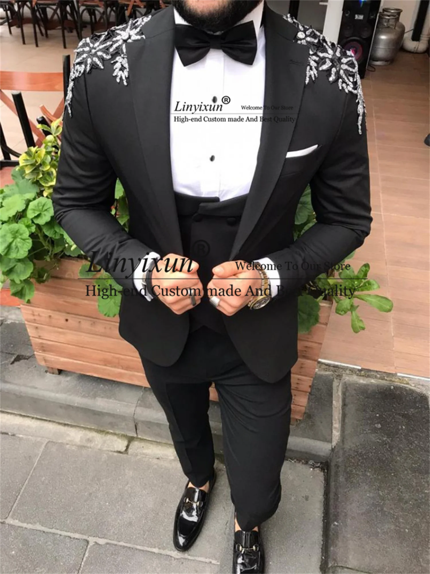 

Блестящие черные мужские костюмы с аппликацией из бисера, 3 предмета, мужской блейзер в деловом стиле, мужская куртка + жилет + брюки