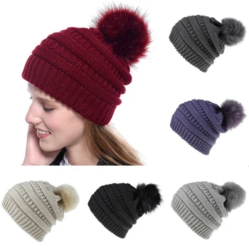 

New 2019 Ladies Winter Knitted Beanie Ski Hat Women Faux Fur Bobble Decorate Solid Color Casual Skull Cap