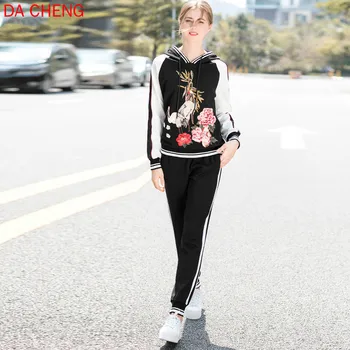 

Tracksuit Women 2020 Spring New Women's Embroidered Hooded Sweatshirt Top Pencil Pants Trousers Two-piece Sets Female