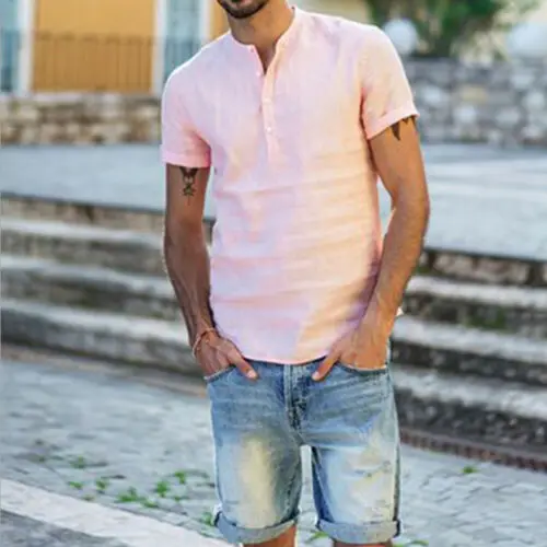 Luxury Men's Short Sleeve V-neck Loose Linen T-shirt Dress Shirt Blouse Tops Tee 