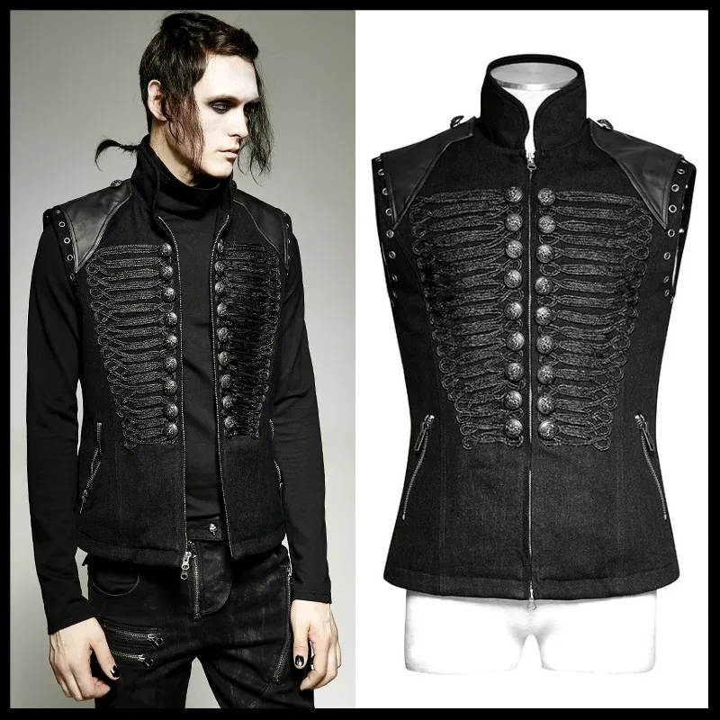 

Punk Rave Gothic Punk Rock Black Fashion Military Uniform Style Black Dark Men's Vest Sleeveless Coat Vest Men Winter Jacket