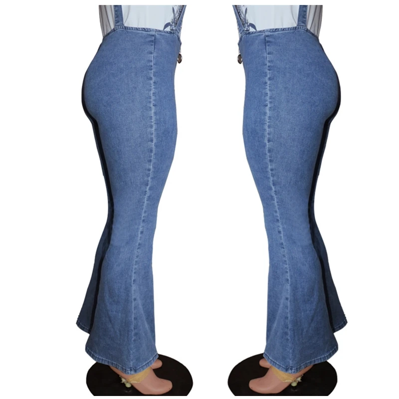 Джинсовые комбинезоны для женщин, большие размеры, длинные расклешенные джинсы для женщин, высокая талия, Стрейчевые тонкие модные женские повседневные джинсовые комбинезоны, синие брюки