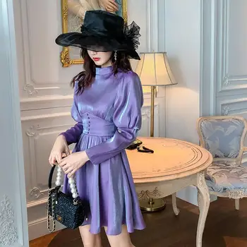 

Women Spring Stand Neck Dress Elegant Long Lantern Sleeve Dress Shinny Patchwork Party Dress Mini Ladies Vestidos NS70