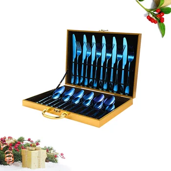 

24PCS/Set Wooden Box Stainless Steel Cutlery Knife Spoon Fork Tableware Dinnerware Supplies (Blue)