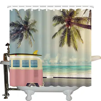 

Surf Decor Shower Curtain Set, Minivan On The Beach Retro Inspired Vocation Theme Clouds in Summer Sky Honeymoon Destination,