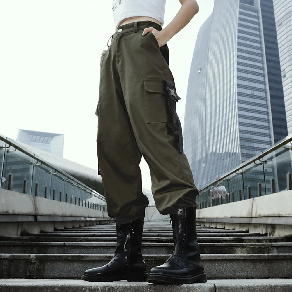Женские брюки-карго с высокой талией, однотонные, в стиле панк, свободные, длинные, спортивные - Цвет: Армейский зеленый