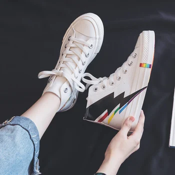 

High-top Canvas Shoes for Women 2019 New Korean Style Ulzzang Sneakers for Students Chic Girls Sneakers Rainbow Sole Lace Up