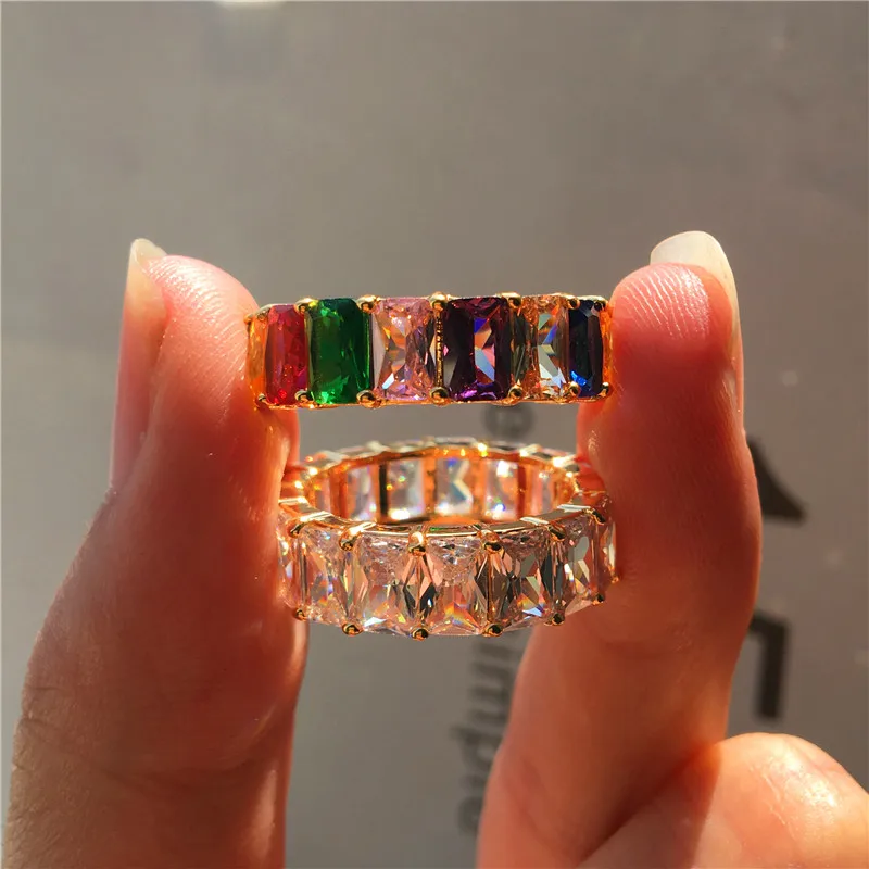 Luxury Female Square Rainbow Zircon Ring Charm Love Wedding Engagement Ring High Quality Silver Gold Finger Rings For Women