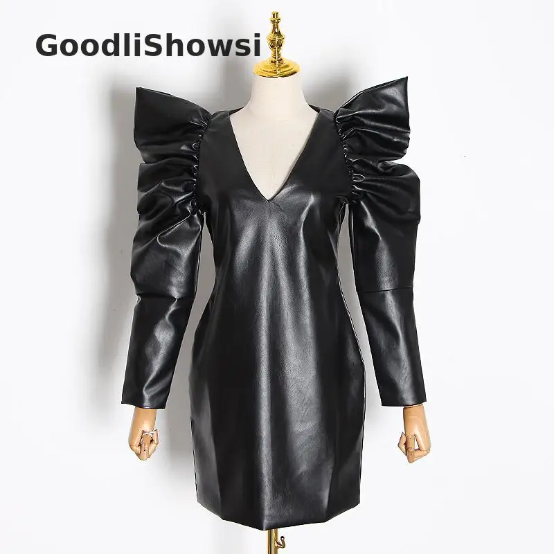 GoodliShowsi, модное винтажное женское кожаное платье, одноцветное, сексуальное, v-образный вырез, рукав-фонарик, облегающее, для девушек, платья для вечеринок, 2 цвета