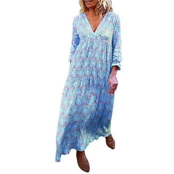 

Maxi dress women MAXIORILL летнее платье bohemian Vacation V-Neck Flower Print Long Sleeves Loose beach long T-shirt dress #3