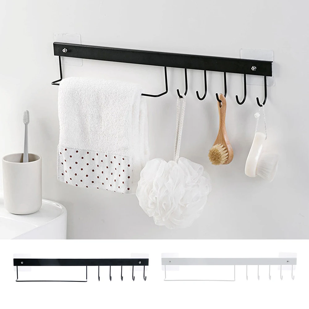 

Wall Mounted Iron Hook Rack with Hanging Rail 5 Hooks Bath Towel Rack for Hallway Bathroom Bedroom Living Room 1pcs