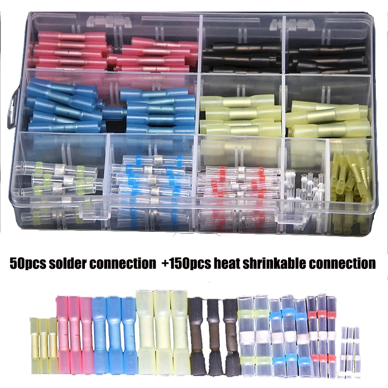 

200PCS Mixed Heat Shrink Connect Terminals Electrical Wire Insulated Butt Connectors Kit Wrapping Waterproof Solder Sleeve Tube