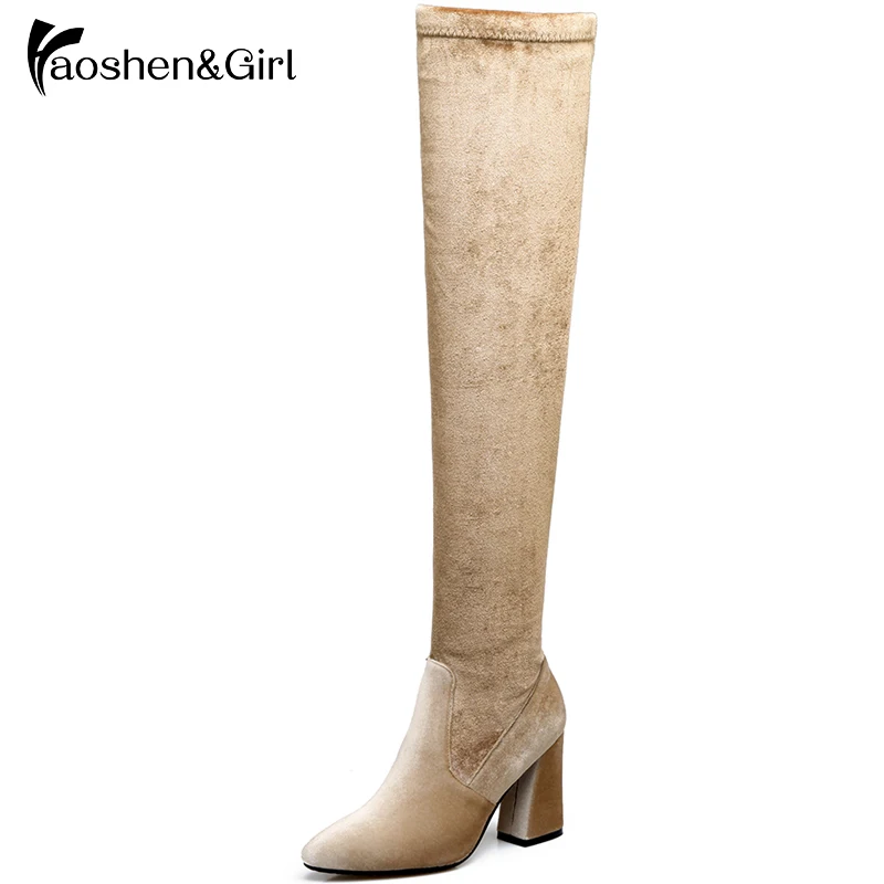 

Haoshen&Girl Women Winter Over The Knee High Boots High Heel Suede Long Boots Pointed Teo Warm Thin High Boots Shoes Size 33-46