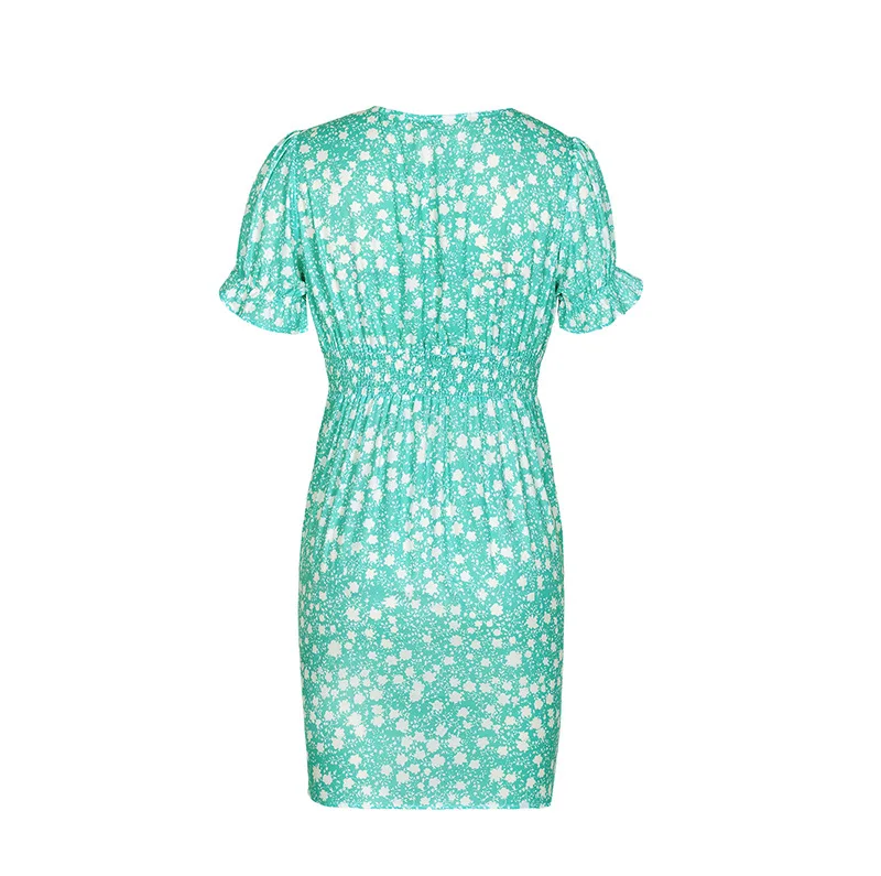 Women Short Sleeve Floral Mini Dress Casual Green Print Puff Sleeve Dresses Summer 2021 Ladies Sexy V Neck Button Beach Dress