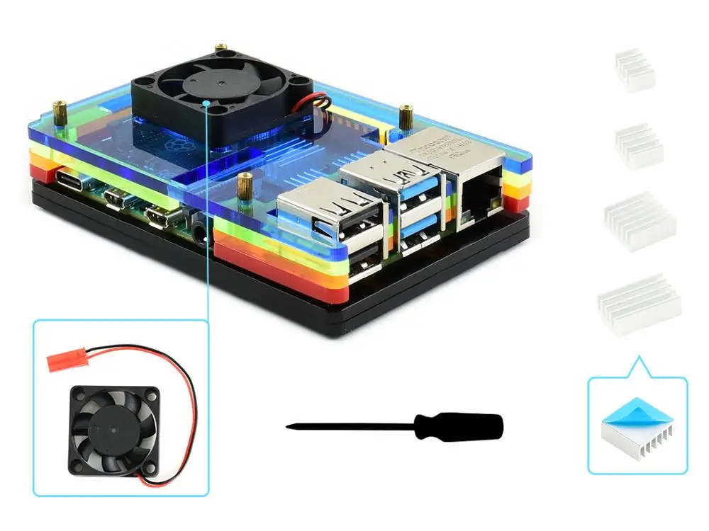 

Waveshare Colorful Rainbow Acrylic Case for Raspberry Pi 4, with Cooling Fan,dust resistance, good heat spreading