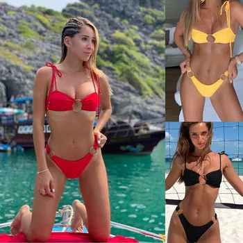 

2020 European And American Foreign Trade New Solid Color Sexy Steel Ring Bikini Swimsuit Explosion Female Swimsuit DZ09 1