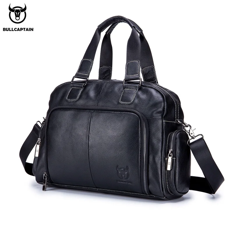 BULLCAPTAIN Men's leather briefcase can be used for 14-inch laptop business shoulder messenger handbag leisure travel bags