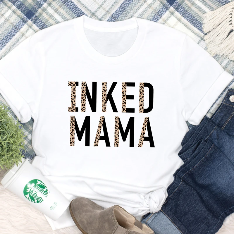 

Leopard Inked Mama 100% Cotton T-shirt Vintage Mother's Day Gift Tshirt Cute Tattoed Mom Top Tee Shirt