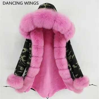 Kaufen Frauen Winter Parka MĂ€ntel Luxus GroĂe Fuchs Pelz Kragen Dicke Warme NatĂŒrliche Kaninchen Pelz Liner Parkas Oberbekleidung