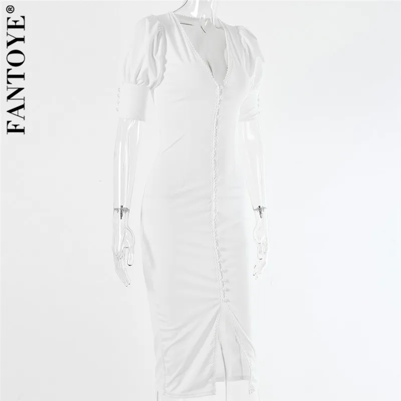 Fantoye, женское сексуальное платье миди с v-образным вырезом, элегантное белое платье с пышными рукавами на пуговицах, длинные платья для женщин, модное обтягивающее платье для вечеринки vestidos