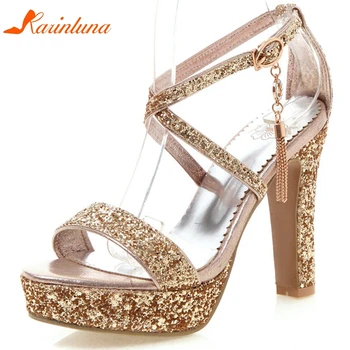 

Karinluna New Design 2020 Sequined Cloth High Heels Summer Sandals Woman Shoes Buckle Strap Platform Party Shoes Women Sandals