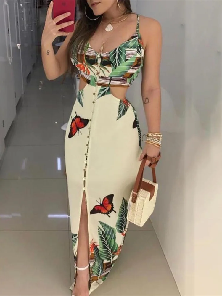 

2019 Summer Women Elegant Long Casual Party Dress Female Maxi Dress Ladies V-Neck Spaghetti Strap Tropical Print Cutout Dress