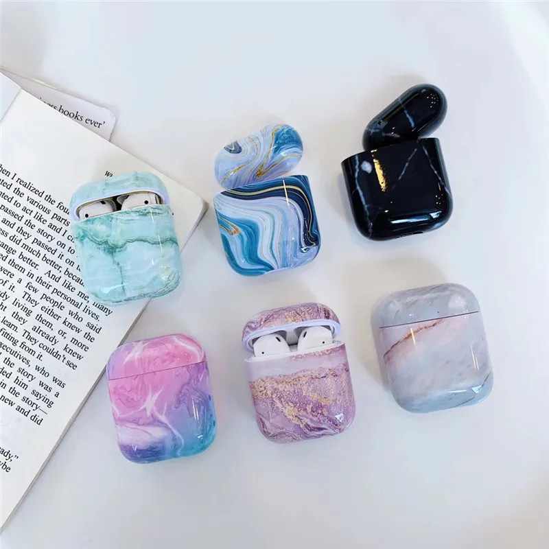 KJOEW Ins простой чехол с мраморными ушками для Airpods 1 2 Жесткий Чехол из поликарбоната