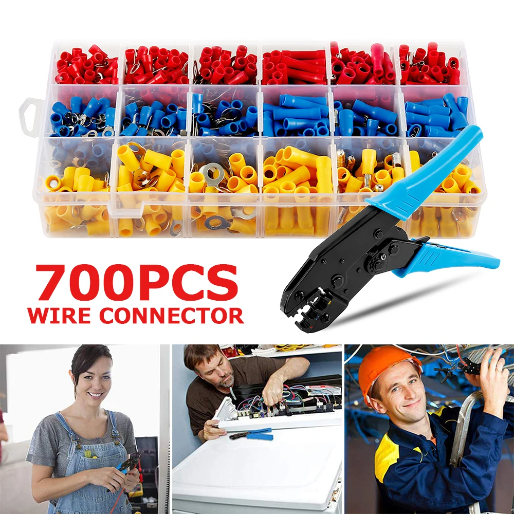 

700pcs Wire Connector with Hand Ferrule Crimper Plier Crimp Tool Kit Set Connectors Kit +1Pc Electrical Crimping Plier Tools