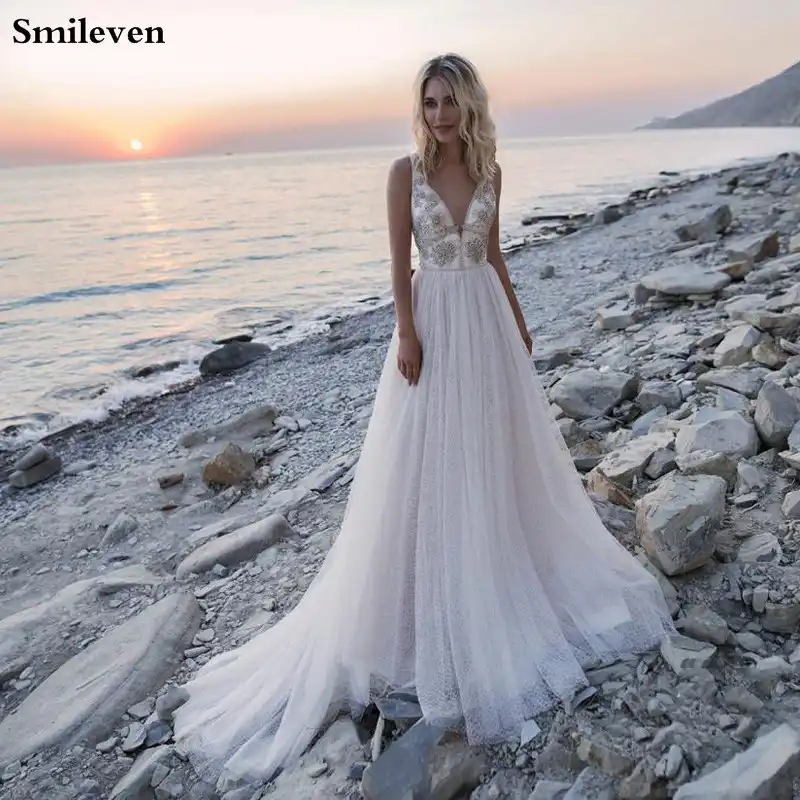 Smileven Doble Hombro Princesa Vestido De Boda Playa 2020 Boho Cristal Novia Vestidos Vestido De Casamento A Linea Vestidos De Boda Aliexpress