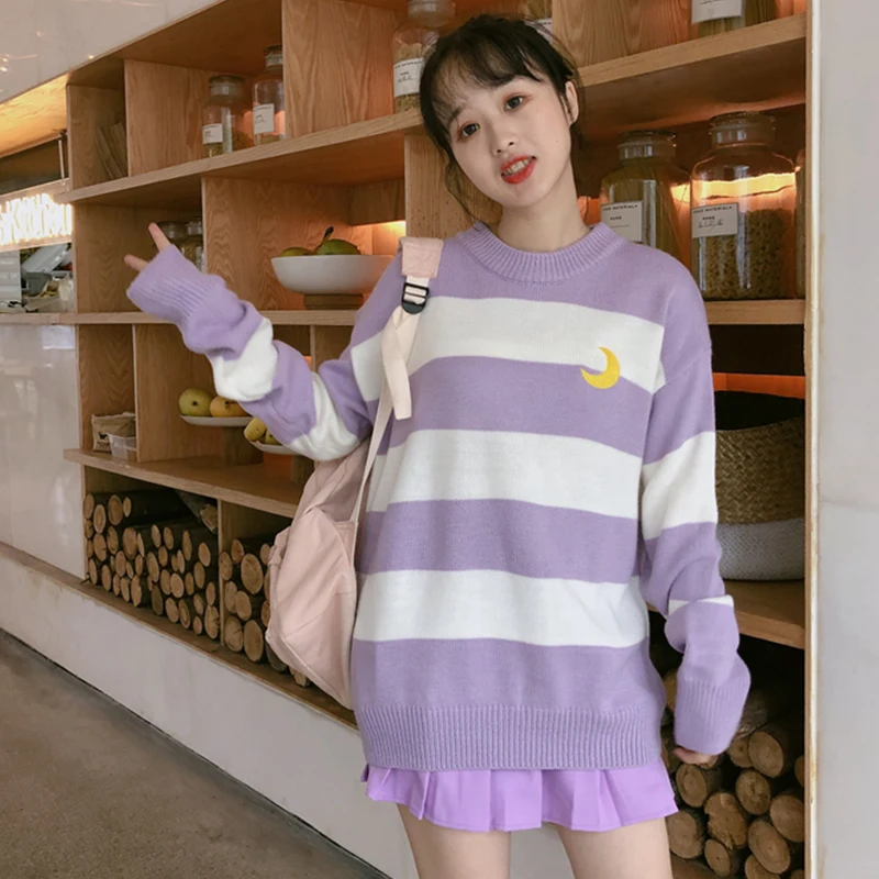 Женские свитера в стиле Харадзюку свитер с вышивкой полоску конфетного цвета cc1801