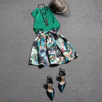 

2020 summer new women skirts set chiffon sleeved green blouse and A-line mini floral skirts lady elegant skirts suits