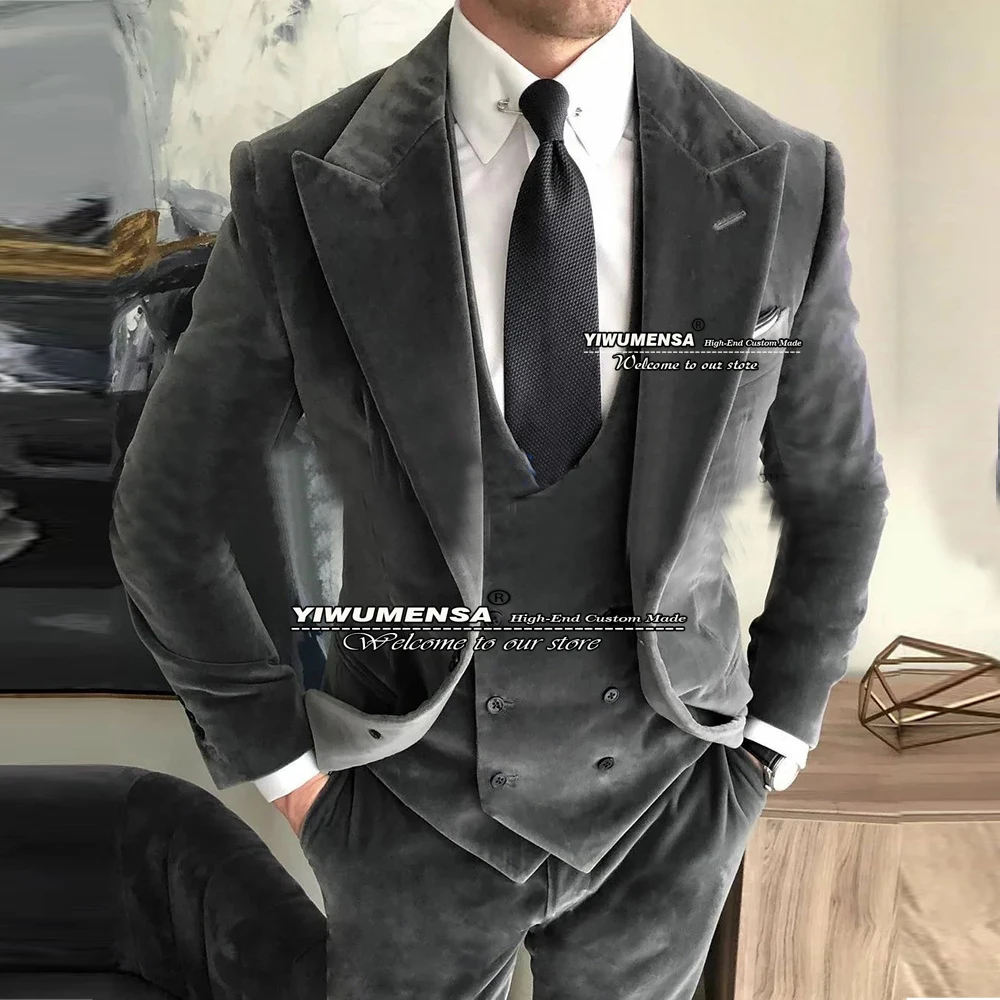 Spring/Autumn Grey Velvet Men Suits Slim Fit 3 Pieces Wedding Tuxedo Jacket+Double Breasted Vest+Pants Blazer Traje De Hombre | Мужская