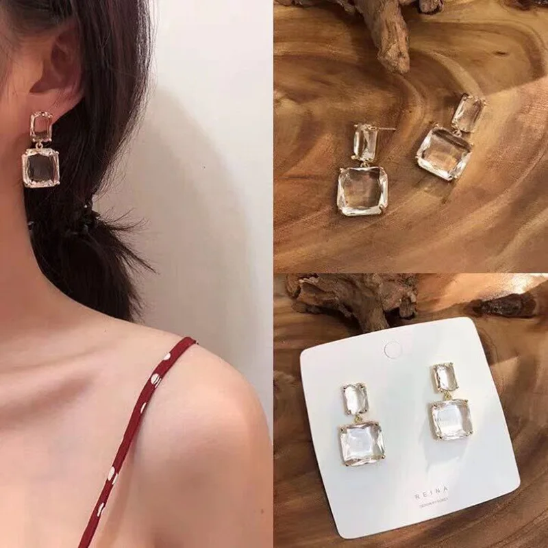 Lateefah Korean Fashion New Style Luxury Elegant Shiny Square Crystal Dangle Earrings Gifts For Women Female Party Daily Jewelry | Украшения