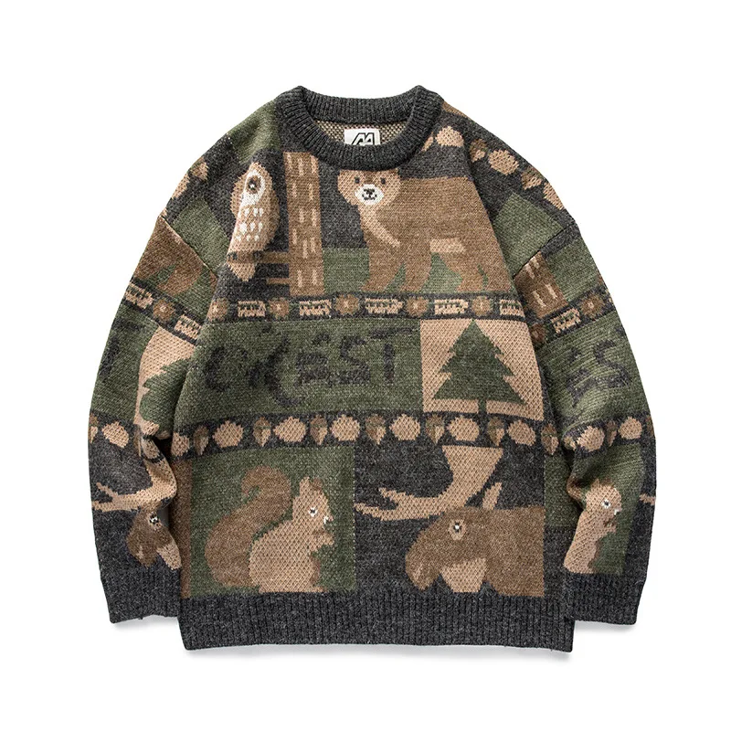 Winter Sweaters Men Casual Round Neck Bear Pattern Sweater Cute Women Pullover 2021 men clothes 1