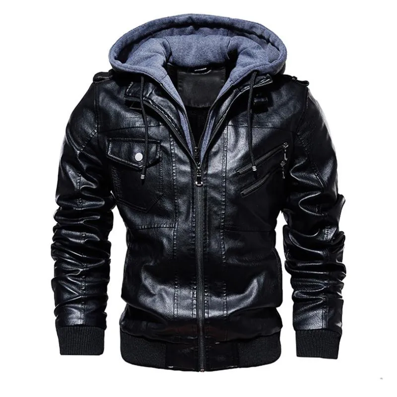 Men`s Leather Winter Jacket with Hood-3