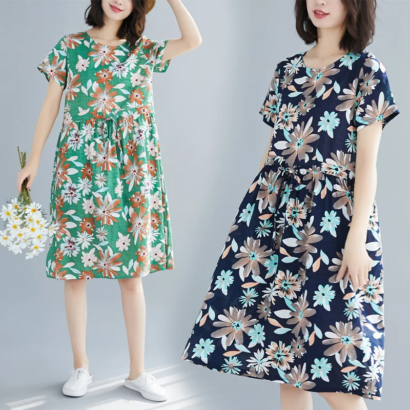 

2019 Summer New Style Korean-style Cotton Linen Printed Literature And Art Loose Short Sleeve Waist Hugging Medium-length Dress